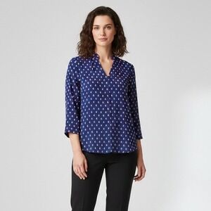 NYDJ Blue‎ Pink Polka Dot V Neck 3/4 Sleeve Tunic Top Blouse Shirt Size S